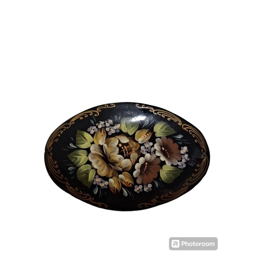 Vintage Hand Painted Floral Oval Lacquer  Brooch Pin Signed 2  1/2"